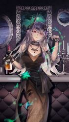 Rule 34 | 1girl, absurdres, arknights, bare shoulders, black choker, black dress, black gloves, bottle, breasts, candle, chinese commentary, choker, commentary request, cowboy shot, cup, detached sleeves, dress, drinking glass, gloves, grey hair, hand up, highres, holding, holding cup, horns, indoors, infection monitor (arknights), jewelry, large breasts, long hair, looking at viewer, mudrock (arknights), mudrock (obsidian) (arknights), necklace, official alternate costume, pointy ears, prussia echo, red eyes, short sleeves, solo, standing, very long hair