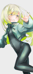 Rule 34 | 1girl, :d, absurdres, black bodysuit, blush, bodysuit, breasts, brown eyes, comah, feet out of frame, green hair, green jacket, grey hair, highres, jacket, long hair, long sleeves, multicolored hair, open mouth, original, puffy long sleeves, puffy sleeves, small breasts, smile, solo, standing, standing on one leg, two-tone hair, very long hair