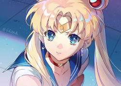 Rule 34 | 1girl, bishoujo senshi sailor moon, blonde hair, blue eyes, blue sailor collar, breasts, choker, circlet, cleavage, collarbone, commentary, commentary request, crescent, crescent-shaped pupils, crescent earrings, derivative work, diadem, earrings, ekita kuro, english commentary, glint, hair over shoulder, heart, heart choker, jewelry, light blush, long hair, looking to the side, magical girl, meme, mixed-language commentary, parted bangs, parted lips, red choker, sailor collar, sailor moon, sailor moon redraw challenge (meme), sailor senshi uniform, screenshot redraw, signature, solo, symbol in eye, tears, tile floor, tiles, tsukino usagi, twintails, upper body