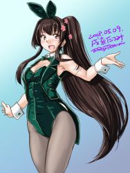 Rule 34 | 1girl, alternate costume, anchor, animal ears, blue background, bow, bowtie, breasts, brown hair, cherry blossoms, cleavage, cowboy shot, dated, fake animal ears, gradient background, green leotard, green ribbon, green vest, grey pantyhose, hair between eyes, hair ornament, kantai collection, leotard, long hair, medium breasts, pantyhose, playboy bunny, ponytail, rabbit ears, rabbit tail, ribbon, solo, strapless, tail, tailcoat, tatsumi ray, twitter username, very long hair, vest, wrist cuffs, yamato (kancolle)