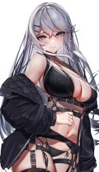 Rule 34 | 1girl, absurdres, belt, belt buckle, bikini, black bikini, black garter belt, black jacket, blue eyes, breasts, buckle, closed mouth, cowboy shot, dot nose, garter belt, grey hair, hair between eyes, hair ornament, hairclip, highres, jacket, large breasts, long hair, lumium, multiple belts, navel, o-ring, off shoulder, original, raised eyebrows, simple background, smile, solo, stomach, swimsuit, white background