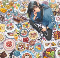 Rule 34 | 1girl, alcohol, apple, apple slice, banana, basket, black hair, black pants, blackberry (fruit), blue hoodie, blueberry, bottle, brown hair, bullet, butter, cake, cake slice, candle, candy, capsule, cherry, chocolate, chocolate cake, cigarette pack, coaster, commentary request, cookie, cream, cup, cupcake, dessert, dice, drawstring, drinking glass, ear piercing, earclip, fig, floral print, food, food request, fork, from above, fruit, fruit tart, grapes, gun, hair behind ear, handgun, head rest, head tilt, holding, holding fork, hood, hood down, hoodie, ice cream, ice cream float, jar, juice, kiwi (fruit), knife, lemon, lemon slice, lighter, lime (fruit), lime slice, liquor, lollipop, long sleeves, looking at viewer, macaron, medicine, melon soda, minami (minami373916), mint, mochi, mont blanc (food), mousse (food), nail polish, nut (food), olive, orange (fruit), orange nails, orange slice, original, pancake, pancake stack, pants, parfait, parted lips, pear, pencil, pie, piercing, pill, pineapple, pineapple slice, pitcher (container), plate, pomegranate, pound cake, revolver, sandwich, sanpaku, saucer, scissors, shoes, sitting, sneakers, soda, sponge cake, spoon, sprinkles, straight hair, strawberry, striped, stuffed animal, stuffed toy, sugar cube, sundae, sweets, swirl lollipop, syrup, tart (food), tea, tea set, teacup, teapot, teddy bear, tiered tray, track pants, tray, vertical stripes, wafer, watch, weapon, whipped cream, wrapped candy, wristwatch
