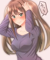 Rule 34 | 10s, 1girl, absurdres, alternate hairstyle, arms up, blouse, blush, breasts, brown hair, bunching hair, collarbone, commentary request, embarrassed, green eyes, highres, holding, holding own hair, idolmaster, idolmaster cinderella girls, keffiy, long hair, long sleeves, looking at viewer, medium breasts, purple shirt, shibuya rin, shirt, simple background, solo, sweatdrop, twintails, wavy mouth