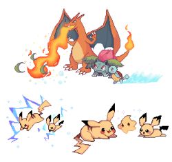 Rule 34 | :d, bad id, bad tumblr id, black eyes, breath weapon, breathing fire, charamells, charizard, claws, commentary, creatures (company), dragon, electricity, english commentary, eye contact, fangs, fiery tail, fire, flame-tipped tail, game freak, gen 1 pokemon, gen 2 pokemon, happy, horns, ivysaur, jumping, leaf, looking at another, luma (mario), lying, mario (series), nintendo, on stomach, open mouth, pichu, pikachu, pixel art, pokemon, pokemon (creature), simple background, smile, squirtle, standing, super mario galaxy, super smash bros., tail, water, white background