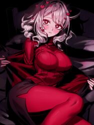 Rule 34 | 1girl, absurdres, bed, black background, black jacket, black skirt, blush, breasts, bright pupils, commentary, demon girl, demon horns, demon tail, english commentary, grey hair, heart, heart-shaped pupils, helltaker, highres, horns, jacket, large breasts, looking at viewer, medium hair, modeus (helltaker), on bed, open clothes, open jacket, pantyhose, parted lips, paulandcookie, pillow, red eyes, red pantyhose, red sweater, ribbed sweater, signature, simple background, skirt, solo, sweater, symbol-shaped pupils, tail, teeth, undressing
