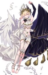 Rule 34 | 1girl, absurdres, arm up, asymmetrical clothes, asymmetrical wings, blonde hair, bow, chain, commentary request, cuffs, dated, detached sleeves, full body, highres, laurel crown, macchoko, one eye closed, original, personification, ribbon, shackles, short hair, single tear, smile, solo, tassel, toeless legwear, white background, wings, yellow eyes