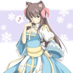 Rule 34 | 1girl, animal ear fluff, animal ears, arch bishop (ragnarok online), blue dress, blush, bow, breasts, brown eyes, brown hair, cleavage, closed mouth, commentary request, cowboy shot, cross, dress, finger to mouth, fishnet thighhighs, fishnets, frilled thighhighs, frills, hair between eyes, hair bow, heart, highres, jacket, juliet sleeves, long hair, long sleeves, looking at viewer, medium breasts, pink bow, puffy sleeves, ragnarok online, sash, shimotsuki nozomi, shrug (clothing), smile, snowflakes, solo, split mouth, spoken heart, thighhighs, white jacket, white thighhighs, yellow sash