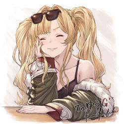 Rule 34 | 1girl, absurdres, blonde hair, blush, breasts, cleavage, closed eyes, commission, eyewear on head, fur trim, granblue fantasy, hair intakes, hair ornament, hairband, highres, ivris, jacket, large breasts, long hair, looking at viewer, open mouth, skeb commission, smile, solo, sunglasses, sunglasses on head, twintails, zeta (dark) (granblue fantasy), zeta (granblue fantasy)