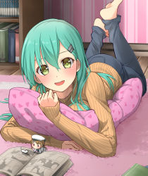 Rule 34 | 10s, 1girl, :d, alternate costume, barefoot, blush, casual, cat, denim, error musume, feet, feet up, green eyes, green hair, hair ornament, hairclip, hat, highres, kantai collection, long hair, looking at viewer, lying, manga (object), max melon, mini person, minigirl, hugging object, on stomach, open mouth, pants, pillow, pillow hug, revision, ribbed sweater, sailor hat, sleeves past wrists, smile, solo, suzuya (kancolle), sweater, turtleneck