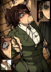 Rule 34 | 1boy, 1girl, absurdres, angry, brown eyes, brown hair, clothes pull, cum, cum in mouth, cum on body, cum on upper body, cumdrip, erection, eren yeager, eyepatch, fellatio, glasses, grabbing another&#039;s hair, green jacket, hange zoe, highres, irrumatio, jacket, jewelry, mark gavatino, multiple views, oral, pants, pants pull, paradis military uniform, penis, prison, shingeki no kyojin, shirt, swallowing, sweat, swept bangs, tagme, tears, trembling, unbuttoned, uniform, v-neck, veins, veiny penis, white shirt