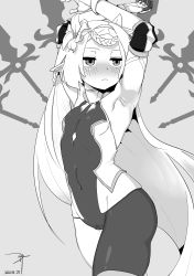 Rule 34 | 1girl, absurdres, artist request, cameltoe, epic seven, flat chest, braid, highres, iseria (epic seven), long hair, monochrome, pointy ears