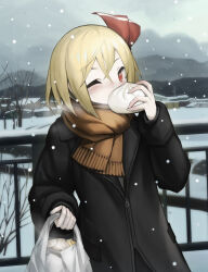 Rule 34 | 1girl, bag, baozi, bare tree, black jacket, blonde hair, blush, brown scarf, food, fringe trim, hair between eyes, hair ribbon, highres, holding, holding bag, holding food, jacket, long sleeves, mixed-language commentary, one eye closed, plastic bag, red eyes, red ribbon, ribbon, rumia, scarf, short hair, snow, snowing, solo, spark621, touhou, tree, upper body