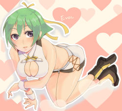 Rule 34 | 10s, 1girl, aquarion (series), aquarion evol, atuage4848, bad id, bad pixiv id, boots, breasts, cleavage, copyright name, green hair, hair ribbon, heart, medium breasts, outline, purple eyes, ribbon, solo, wrist cuffs, zessica wong