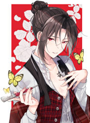 Rule 34 | 1boy, androgynous, black hair, blouse, bug, butterfly, chest tattoo, hair bun, holding, holding smoking pipe, insect, long hair, mahoutsukai no yakusoku, minmin nemui, neck ribbon, outside border, pale skin, parted bangs, red background, red eyes, red shawl, ribbon, shawl, shirt, shylock (mahoutsukai no yakusoku), single hair bun, smile, smirk, smoking, smoking pipe, smug, tattoo, undone neck ribbon, white shirt