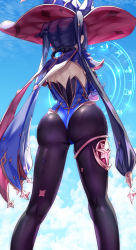 Rule 34 | 1girl, ass, black hair, black pantyhose, blue hat, cape, detached sleeves, from behind, from below, genshin impact, gloves, gold trim, hair ornament, hair ribbon, hat, highres, huge ass, hydro (genshin impact), leotard, long hair, mona (genshin impact), pantyhose, ribbon, shiny clothes, solo, thighlet, thighs, twintails, uenoryoma, very long hair, vision (genshin impact)