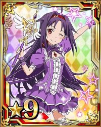 Rule 34 | 10s, 1girl, ahoge, argyle, argyle background, argyle clothes, arm up, breasts, card (medium), dress, hairband, holding, long hair, looking at viewer, magical girl, one eye closed, purple dress, purple hair, red eyes, red hairband, small breasts, smile, solo, staff, star (symbol), sword art online, wrist cuffs, yuuki (sao)