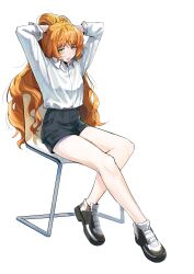 1girl absurdres adjusting_hair bare_legs black_shorts chair collared_shirt freckles full_body hair_tie_in_mouth highres holding holding_own_hair ishmael_(project_moon) korean_commentary legs limbus_company long_hair long_sleeves looking_at_viewer mouth_hold orange_hair ponytail project_moon revision shirt shirt_tucked_in shoes shorts sitting sneakers solo vvindyday white_shirt yellow_eyes