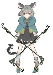 Rule 34 | 1girl, animal ears, basket, capelet, dowsing rod, dress, full body, grey dress, grey hair, highres, jewelry, long sleeves, looking at viewer, mouse ears, mouse tail, nanasuou, nazrin, necklace, pendant, red eyes, short hair, simple background, socks, solo, standing, tail, touhou, white background