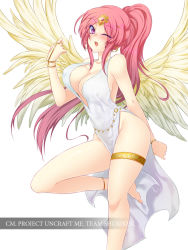 Rule 34 | 1girl, angel wings, bare legs, bare shoulders, blush, bracelet, breasts, cleavage, copyright name, dress, female focus, forehead jewel, fuya (tempupupu), jewelry, large breasts, looking at viewer, one eye closed, original, pelvic curtain, ponytail, purple eyes, red hair, simple background, sleeveless, solo, thigh strap, thighs, uncraft me!, watermark, white background, white dress, wings