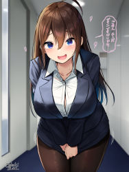 Rule 34 | 1girl, ahoge, blue eyes, blue jacket, blue skirt, blush, breasts, brown hair, brown pantyhose, collared shirt, dress shirt, formal, have to pee, highres, jacket, large breasts, leaning forward, long hair, long sleeves, looking at viewer, miniskirt, oekakizuki, office lady, open mouth, original, pantyhose, pencil skirt, senpai (oekakizuki), shirt, skirt, skirt suit, smile, solo, speech bubble, suit, sweat, translation request, white shirt