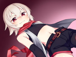 Rule 34 | 1girl, bare shoulders, belt, blush, crop top, dutch angle, elbow gloves, female focus, fujiuri, gloves, gradient background, midriff, naughty face, navel, original, red eyes, red neckwear, scarf, short hair, short shorts, shorts, sleeveless, smile, solo, vest, white hair