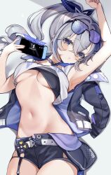Rule 34 | 1girl, armpits, blush, bow, breasts, crossed bangs, eyewear on head, fur-trimmed jacket, fur trim, grey eyes, grey hair, hair bow, handheld game console, high ponytail, highres, holding, holding handheld game console, honkai: star rail, honkai (series), jacket, long hair, looking at viewer, medium breasts, midriff, navel, nintendo switch, oimo 0imo, silver wolf (honkai: star rail), simple background, solo, underboob, upper body, white background