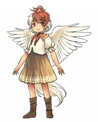 Rule 34 | 1girl, bird, boots, brown eyes, brown footwear, brown hair, brown skirt, chick, feathered wings, full body, highres, knee boots, multicolored hair, niwatari kutaka, shirt, short hair, simple background, skirt, smile, solo, tail, touhou, two-tone hair, white background, white hair, white shirt, wings, yudepii