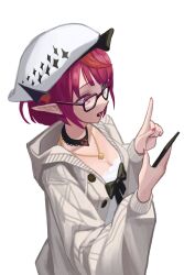 Rule 34 | 1girl, absurdres, black bow, black choker, blue eyes, bow, breasts, cardigan, cellphone, choker, cleavage, dress, glasses, gold necklace, hanho, hat, heterochromia, highres, hololive, hololive english, hooded cardigan, horns, index finger raised, irys (casualrys) (hololive), irys (hololive), jewelry, long sleeves, looking at phone, medium breasts, multicolored hair, necklace, official alternate costume, open cardigan, open clothes, open mouth, phone, pointy ears, purple-tinted eyewear, purple hair, purple nails, red hair, short hair, simple background, smartphone, solo, tinted eyewear, virtual youtuber, white background, white dress, white hat