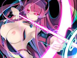Rule 34 | 1girl, bow (weapon), breasts, demon girl, glowing, glowing eyes, horns, large breasts, long hair, mole, mole on breast, mole under mouth, myusca (succubus prison), nipples, pink eyes, pink hair, shiki (psychedelic g2), solo, succubus prison, weapon