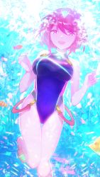 Rule 34 | 1girl, animal, bare arms, bare shoulders, blush, breasts, commentary, competition swimsuit, fingernails, fish, groin, hair between eyes, hair ornament, headpiece, highres, knees together feet apart, large breasts, leg up, looking at viewer, nintendo, one-piece swimsuit, pyra (pro swimmer) (xenoblade), pyra (xenoblade), red eyes, red hair, short hair, smile, solo, swept bangs, swimsuit, tarbo (exxxpiation), teeth, thigh gap, tiara, water, xenoblade chronicles (series), xenoblade chronicles 2
