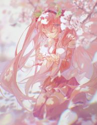 Rule 34 | 1girl, absurdres, boots, cha8848, cherry blossoms, chinese commentary, closed mouth, collared shirt, commentary request, detached sleeves, closed eyes, flower, hatsune miku, headset, highres, holding, holding flower, kneeling, long hair, microphone, miniskirt, necktie, pink footwear, pink hair, pink necktie, pink skirt, pink sleeves, pink theme, pleated skirt, sakura miku, shirt, skirt, smile, solo, thigh boots, twintails, vocaloid, white shirt
