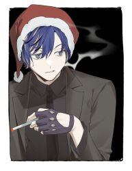 Rule 34 | 1boy, alternate costume, astel leda, black background, black necktie, black shirt, blonde hair, blowing smoke, blue hair, border, cigarette, collared shirt, fingerless gloves, formal, gloves, green eyes, hair between eyes, half-closed eyes, hand up, hat, highres, holding, holding cigarette, holostars, jacket, juu (45 jujut), looking to the side, male focus, multicolored hair, necktie, open clothes, open jacket, parted lips, santa hat, shirt, short hair, smoke, smoking, solo, streaked hair, suit, two-tone hair, upper body, white border