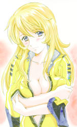 Rule 34 | 1girl, blonde hair, blue eyes, blush, bodysuit, breasts, cleavage, closed mouth, collarbone, crossed arms, hair between eyes, kawarajima kou, long hair, looking at viewer, medium breasts, mori yuki, open bodysuit, open clothes, partially unzipped, shiny clothes, simple background, smile, solo, uchuu senkan yamato, uchuu senkan yamato 2199, upper body, very long hair, white background, yellow bodysuit