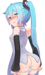 Rule 34 | 1girl, abmayo, anus, anus peek, aqua eyes, aqua hair, ass, bare shoulders, black sleeves, black thighhighs, blouse, blush, breasts, cleft of venus, commentary request, cowboy shot, detached sleeves, from behind, hair between eyes, hair ornament, hatsune miku, long hair, long sleeves, looking at viewer, looking back, nose blush, open mouth, panties, panty pull, pulled by self, pussy, pussy peek, shirt, simple background, sleeveless, sleeveless shirt, small breasts, solo, striped clothes, striped panties, thighhighs, twintails, underwear, very long hair, vocaloid, white background