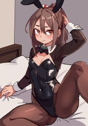 Rule 34 | 1girl, animal ears, bed, black bow, black bowtie, black jacket, black leotard, black pantyhose, bow, bowtie, breasts, brown eyes, brown hair, detached collar, feet out of frame, hair between eyes, highres, jacket, kantai collection, kv-san, leotard, long hair, on bed, pantyhose, pillow, playboy bunny, ponytail, rabbit ears, sitting, small breasts, solo, spread legs, strapless, strapless leotard, tuxedo jacket, wrist cuffs, zuihou (kancolle)