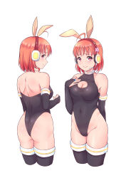 Rule 34 | 1girl, ahoge, animal ears, arm behind back, ass, back, black leotard, black thighhighs, breasts, bridal gauntlets, cameltoe, cleavage, cleavage cutout, clenched hand, clothing cutout, collarbone, covered navel, cropped legs, fake animal ears, flower, groin, halterneck, hand on own chest, headset, highleg, highleg leotard, highres, kanabun, leotard, looking at viewer, looking back, love live!, love live! sunshine!!, medium breasts, multiple views, orange hair, rabbit ears, red eyes, short hair, shoulder blades, simple background, smile, takami chika, thighhighs, white background