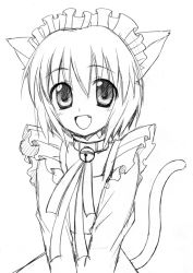 Rule 34 | 1girl, animal ears, bell, cat ears, cat girl, cat tail, collar, fang, female focus, greyscale, maid, maid headdress, monochrome, neck bell, simple background, solo, tail