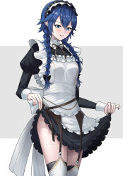 Rule 34 | 1girl, alternate costume, alternate hairstyle, ameno (a meno0), apron, blue eyes, blue hair, braid, breasts, enmaided, fire emblem, fire emblem awakening, hairband, lucina (fire emblem), maid, maid apron, maid headdress, neck ribbon, nintendo, parted lips, ribbon, simple background, small breasts, solo, symbol in eye, thighs, twin braids, white background