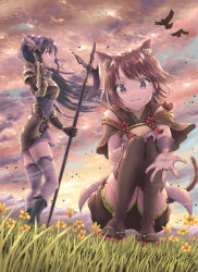 Rule 34 | 2girls, :3, animal ear fluff, animal ears, armor, armored dress, bell, bird, black footwear, brown hair, brown legwear, brown shorts, cloud, cloudy sky, commentary, detached sleeves, dress, flower, full body, gauntlets, grass, halberd, hand on own knee, headband, hirokazu (analysis-depth), holding, holding polearm, holding spear, holding weapon, jewelry, kneeling, long hair, looking at viewer, mifuyu (princess connect!), mountainous horizon, multiple girls, outdoors, outstretched hand, polearm, ponytail, princess connect!, purple dress, purple eyes, purple hair, purple legwear, reaching, reaching towards viewer, red eyes, red footwear, red ribbon, ribbon, ring, sandals, short hair, short shorts, short sleeves, shorts, sky, smile, spear, standing, tail, tamaki (princess connect!), thighhighs, weapon, wide sleeves, wind, ||/