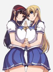 Rule 34 | 2girls, bag, blue eyes, breast press, breasts, brown hair, cellphone, hair ornament, hairband, highres, holding hands, large breasts, long hair, mariana princilla, mil (xration), multiple girls, phone, pleated skirt, reco love, reco love gold beach, red eyes, sailor collar, school uniform, serafuku, short sleeves, simple background, skirt, smile, symmetrical docking, white background, yuina (reco love)
