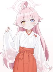 Rule 34 | 1girl, :3, alternate costume, blue archive, blue eyes, closed mouth, commentary request, hair flaps, hakama, halo, hand up, heterochromia, highres, hoshino (blue archive), japanese clothes, kimono, long hair, long sleeves, miko, petal print, pink hair, pink halo, red hakama, sanz zzz, simple background, sleeves past wrists, smile, solo, upper body, white background, white kimono, wide sleeves, yellow eyes
