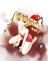 Rule 34 | 1girl, :p, alternate costume, bad id, bad pixiv id, bare legs, between legs, blonde hair, breasts, cleavage, dress, female focus, flandre scarlet, hat, highres, looking at viewer, red dress, red eyes, red skirt, short hair, side ponytail, sitting, sketch, skirt, small breasts, smile, solo, strap slip, tomo1030, tongue, tongue out, touhou, wariza, wings