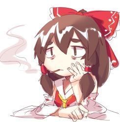 Rule 34 | 1girl, arm rest, bags under eyes, blank stare, bow, brown eyes, cigarette, closed mouth, collar, commentary, detached sleeves, dress, frilled hair tubes, frills, hair between eyes, hair bow, hair tubes, hakurei reimu, hand on own face, hand rest, head rest, long hair, low twintails, neckerchief, red bow, red dress, red hair tubes, ribbon-trimmed sleeves, ribbon trim, siam (meow13), simple background, sketch mouth, smoke, smoking, solo, thick eyebrows, touhou, twintails, upper body, white background, white collar, white sleeves, wide sleeves, yellow neckerchief