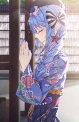 Rule 34 | 1girl, blue hair, blue kimono, blue nails, blush, bow, braid, closed eyes, closed mouth, earrings, floral print, from side, hair bow, hakama, hakama skirt, hat, highres, hololive, hoshimachi suisei, hoshimachi suisei (new year), japanese clothes, jewelry, kimono, long hair, obi, own hands together, praying, print kimono, sash, skirt, solo, star (symbol), star earrings, upper body, virtual youtuber, yozora (1wkdgusdn)