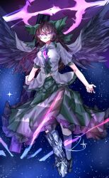 Rule 34 | 1girl, absurdres, alt text, asymmetrical legwear, bird wings, black hair, black wings, bow, cape, collared shirt, commentary, frilled skirt, frills, full body, green bow, green skirt, hair bow, highres, long hair, looking at viewer, mismatched legwear, night, night sky, open mouth, outdoors, pink eyes, reiuji utsuho, shirt, short sleeves, skirt, sky, solo, star (sky), starry sky, third eye, touhou, vivo (vivo sun 0222), white cape, white shirt, wings