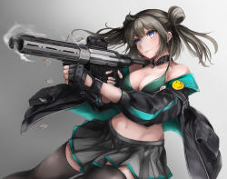 Rule 34 | .300 aac blackout, 1girl, aac honey badger, advanced armament corporation, ammunition, aqua nails, assault rifle, bare shoulders, black gloves, black jacket, black thighhighs, blush, bra, breasts, bullet, carbine, carbine cartridge, cleavage, closed mouth, clothes pull, commercial cartridge, double bun, expressionless, feet out of frame, fingerless gloves, firing, girls&#039; frontline, gloves, green bra, grey skirt, gun, hair bun, highres, holding, holding gun, holding weapon, honey badger (girls&#039; frontline), integral suppressor, integrally-suppressed firearm, intermediate cartridge, jacket, jacket pull, light brown hair, lips, long hair, looking away, marche mk14, medium breasts, military cartridge, nail polish, navel, open clothes, open jacket, pdw cartridge, personal defense weapon, purple eyes, q (firearms company), rifle, rifle cartridge, shell casing, simple background, skirt, solo, standing, suppressor, thighhighs, underwear, weapon