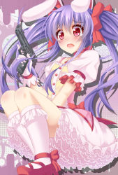 Rule 34 | 1girl, alternate costume, animal ears, beretta 92, blush, bow, cosplay, frills, gloves, gun, hair ribbon, handgun, kaname madoka, kaname madoka (cosplay), long hair, magical girl, mahou shoujo madoka magica, mahou shoujo madoka magica (anime), mary janes, megawatt, open mouth, pistol, purple hair, rabbit ears, red eyes, reisen udongein inaba, ribbon, shoes, solo, tears, touhou, twintails, very long hair, weapon, white gloves