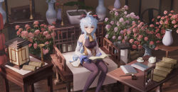 Rule 34 | 1girl, absurdres, ahoge, architecture, bare shoulders, bell, black gloves, black pantyhose, blue hair, book, breasts, brush, cup, detached sleeves, east asian architecture, flower, ganyu (genshin impact), genshin impact, gloves, gold trim, highres, holding, holding book, horns, lantern, light smile, ling dianxia, long hair, looking at viewer, medium breasts, neck bell, pantyhose, purple eyes, purple flower, red flower, sidelocks, sitting, solo, tassel, thighs, vase, white sleeves