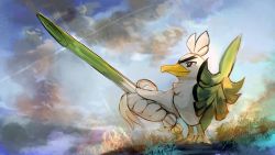 Rule 34 | animal focus, artist name, bird, blue sky, closed mouth, cloud, creatures (company), day, day walker1117, english text, food, from side, full body, game freak, gen 8 pokemon, glint, grass, highres, holding, holding food, holding sword, holding vegetable, holding weapon, light particles, looking up, nintendo, no humans, outdoors, pokemon, pokemon (creature), red eyes, shield, signature, sirfetch&#039;d, sky, solo, spring onion, standing, sword, thick eyebrows, v-shaped eyebrows, vegetable, weapon