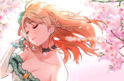 Rule 34 | 1girl, alternate hairstyle, arm garter, bare shoulders, bead bracelet, beads, black choker, blurry, blush, bracelet, braid, breasts, brown hair, cherry blossoms, choker, cleavage, closed eyes, closed mouth, collarbone, depth of field, detached sleeves, dress, earrings, falling petals, floating hair, flower, from side, glint, green dress, hair flower, hair ornament, hand up, highres, hojo karen, idolmaster, idolmaster cinderella girls, idolmaster cinderella girls starlight stage, jewelry, lace, lace choker, long hair, maou (demonlord), medium breasts, petals, pink background, sleeveless, sleeveless dress, sleeves past wrists, smile, solo, sparkle, upper body, white sleeves